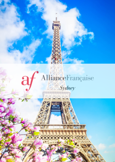 Alliance Francaise Sydney logo over the backdrop of the Eiffel Tower